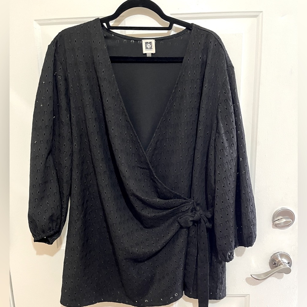 Anne Klein plus size dot lace knit 3/4 length blouson sleeve wrap